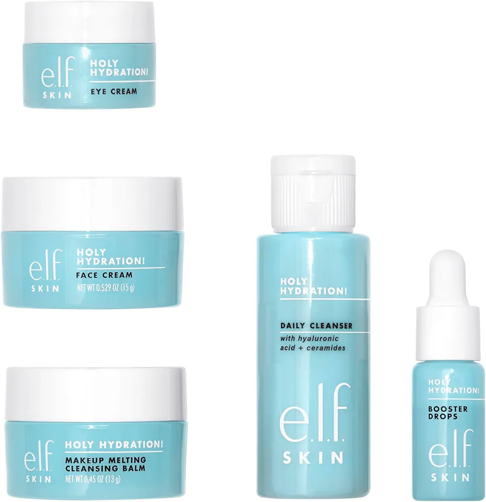 e.l.f. SKIN Holy Hydration! Hydrated Ever After Skincare Mini Kit, Cleanser, Makeup Remover, Moisturizer & Eye Cream For Hydrating Skin, Airplane-Friendly Sizes