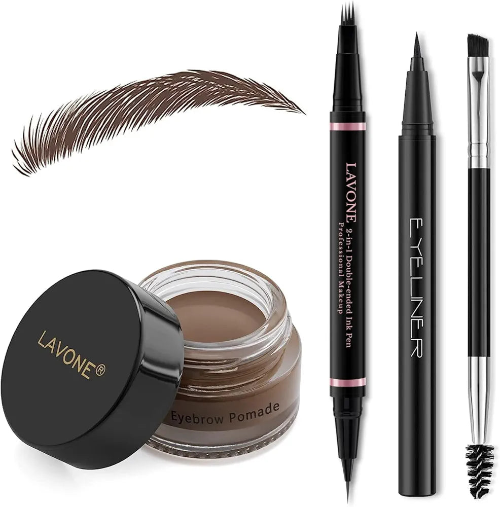LAVONE Eyebrow Pen Makeup Kit, with Waterproof Eyebrow Pencil, Eyeliner, Pomade, and Brow Brush, Smudge-Proof and Long Lasting, Create Full and Natural Brows, Dark Brown