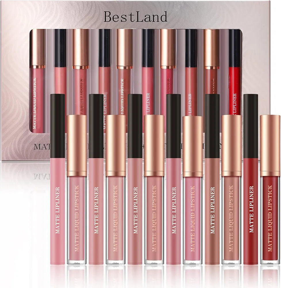 BestLand 12Pcs Matte Liquid Lipstick + Lip Liner Pens Set, One Step Lips Makeup Sets Pigment Velvety Nude Lip Stain Waterproof Long Wear Lip Gloss Make up Gift Set 
