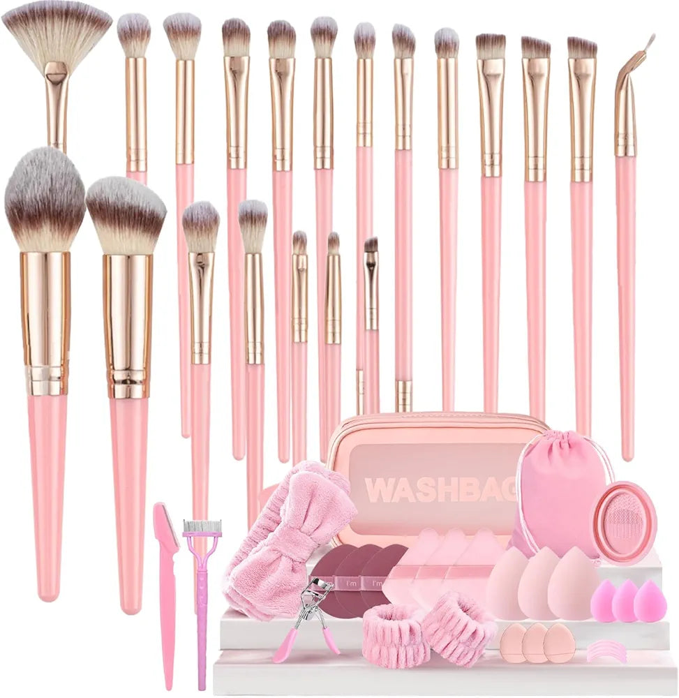 Makeup Brush Set, 48Pcs Makeup Brushes Set Professional Kit for Beginner, Premium Synthetic Foundation Concealers Powder Eye Shadows Blush Make up Brushes with Makeup Sponge, Pink