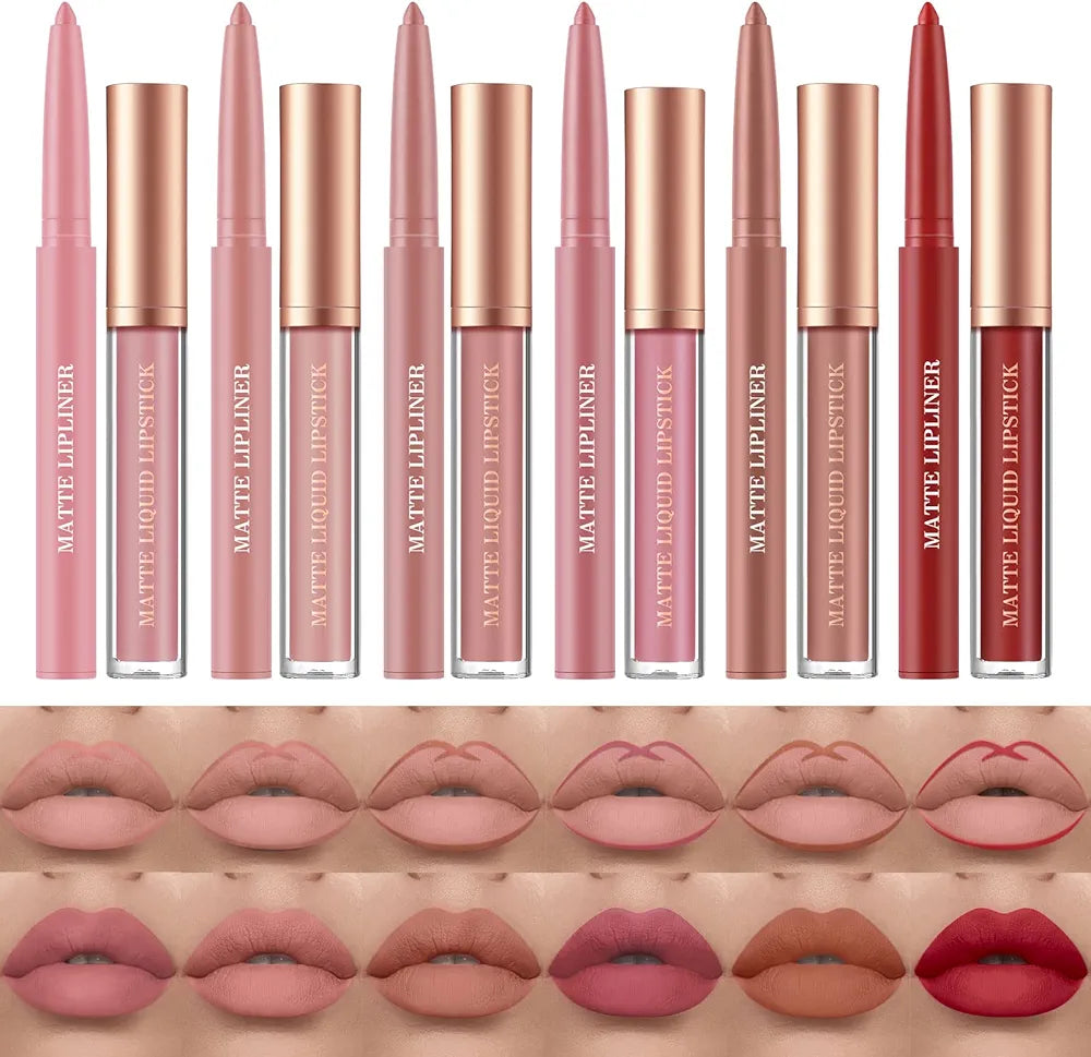 BestLand 12Pcs Matte Liquid Lipstick + Lip Liner Pens Set, One Step Lips Makeup Sets Pigment Velvety Nude Lip Stain Waterproof Long Wear Lip Gloss Make up Gift Set 